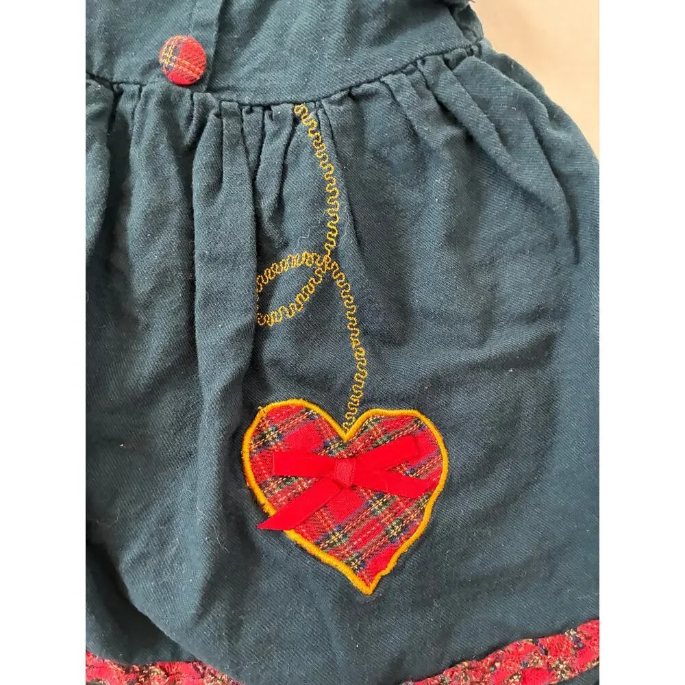 Vintage Toddler Dress Blue with Red Tartan Plaid Applique Heart Ruffles Buttons